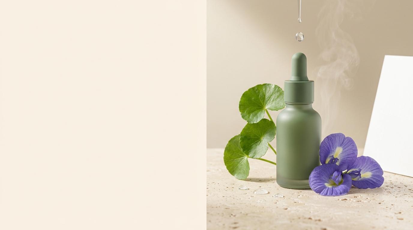 Atelier skincare botani Kirana, bunga telang segar, dropper serum, uap pagi